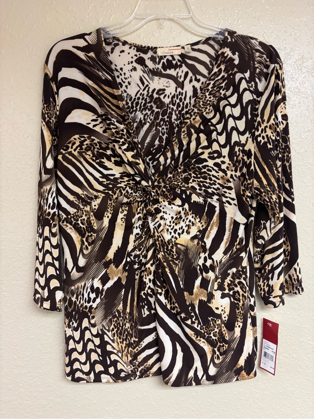 Choices Women's Animal Print Twist-Front Top - Black, White & Tan